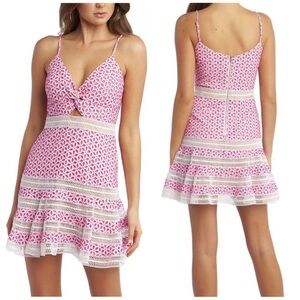 BARDOT Dress Camille Pink white Shock Eyelet V Neck Mini Dress Size 12 / XL knot